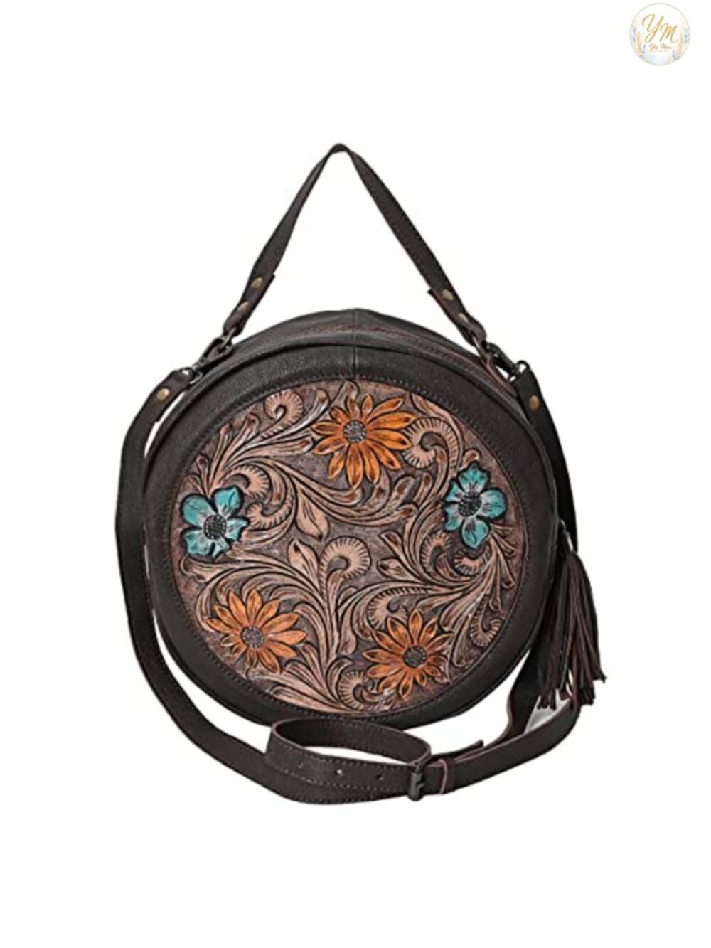 Handcrafted Cowhide Leather Round Crossbody Bag with Detachable Strap